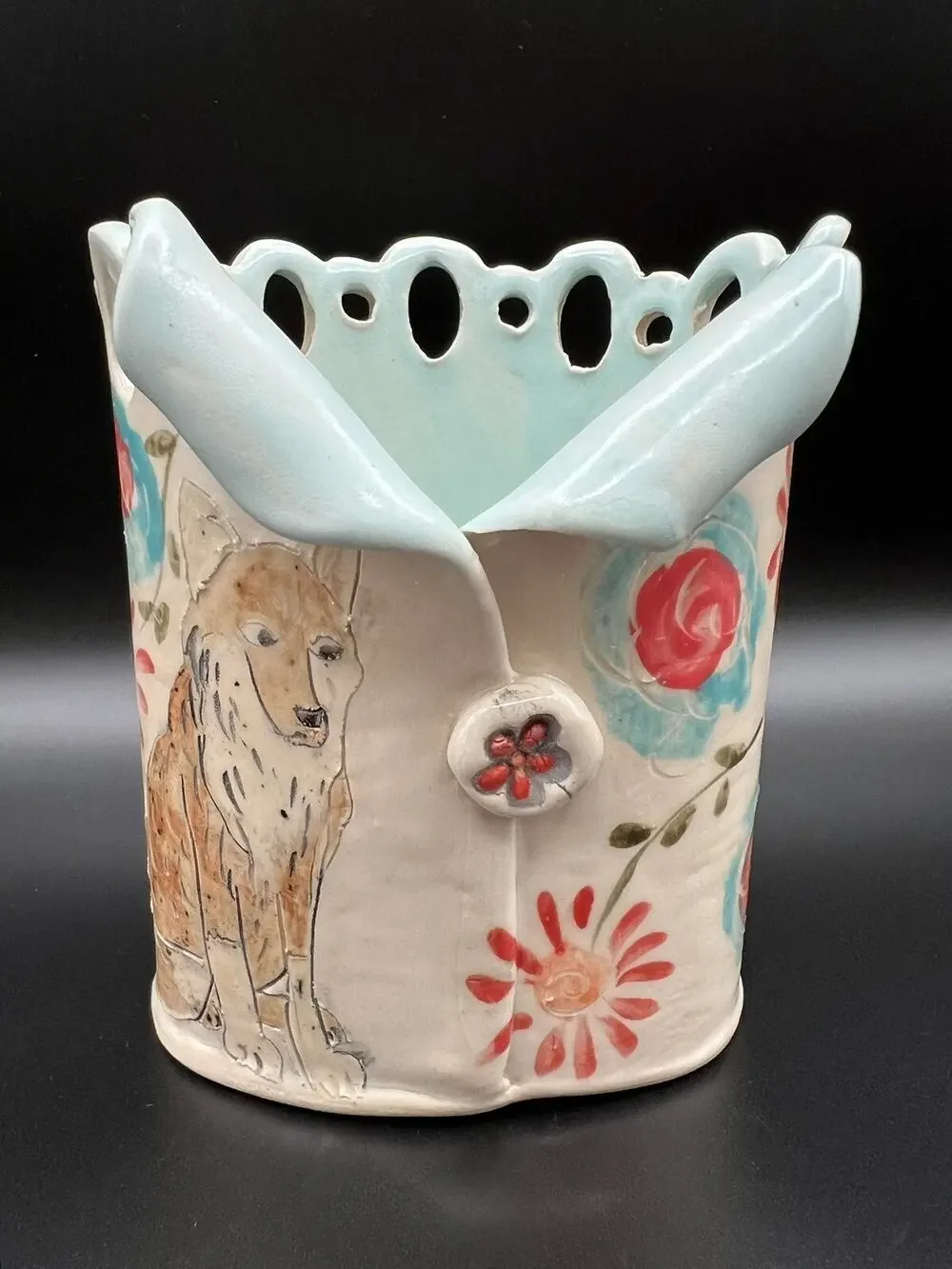 Deb Babcock Blue Sky Art Pottery Vase 5.5” Fox & Florals Whimsical Signed